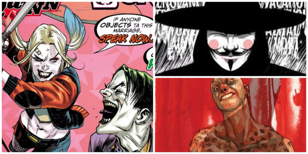 Left: Harley Quinn and Joker. Top-right: V for Vendetta. Bottom-right: Victor Zsasz.