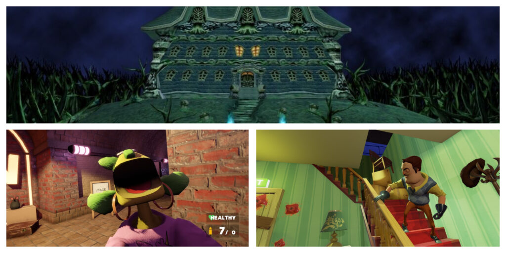 Top: Luigi's Mansion. Bottom-Left: A yellow female felt puppet screaming in My Friendly Neighborhood. Right: The Neighbor of Hello Neighbor stalking the staircase in his home.