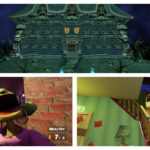 Top: Luigi's Mansion. Bottom-Left: A yellow female felt puppet screaming in My Friendly Neighborhood. Right: The Neighbor of Hello Neighbor stalking the staircase in his home.