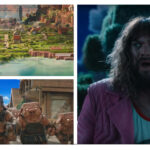 Top-left: Minecraft village in a valley. Bottom-left: Piglins in a village street in daytime, ready to fight. Right: Jason Momoa at night, with long, brown hair, a beard, and a pink blazer.