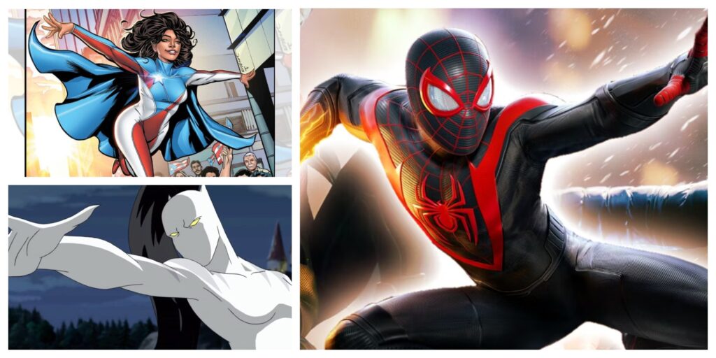 Top-Left: La Borinqueña. Bottom-Left: White Tiger. Right: Miles Morales as Spider-Man.