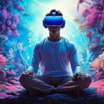 A Man in a white shirt and tan pants sitting and meditating with a set of VR goggles in a forest of purple foliage. Image Source: HyperGrid Business