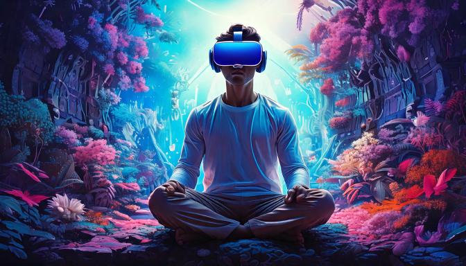 A Man in a white shirt and tan pants sitting and meditating with a set of VR goggles in a forest of purple foliage. Image Source: HyperGrid Business