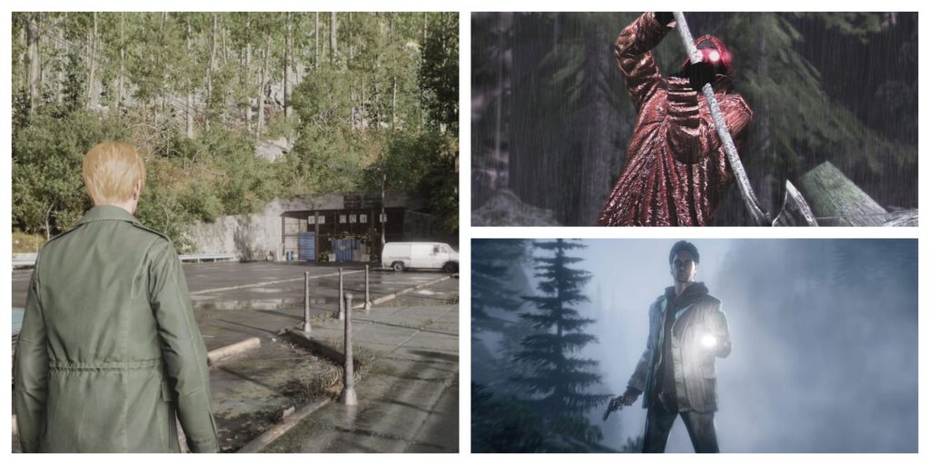 Left: Silent Hill 2 remake protagtonist in a parking lot bordered by forest tress. Top-right: The raincoat killer in a red raincoat, with glowing red eyes, wielding an axe. Bottom: Alan Wake shining a flashlight in the forest at night.