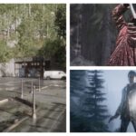 Left: Silent Hill 2 remake protagtonist in a parking lot bordered by forest tress. Top-right: The raincoat killer in a red raincoat, with glowing red eyes, wielding an axe. Bottom: Alan Wake shining a flashlight in the forest at night.