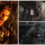 Left: Chris Redfield punching a boulder. Top-right: the upper portion of a giant Salazar statue. Bottom-right: Leon and Krauser fighting with knives.