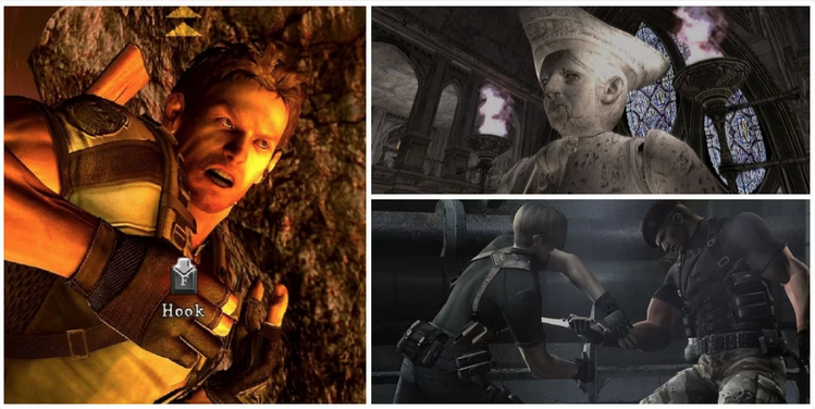 Left: Chris Redfield punching a boulder. Top-right: the upper portion of a giant Salazar statue. Bottom-right: Leon and Krauser fighting with knives.