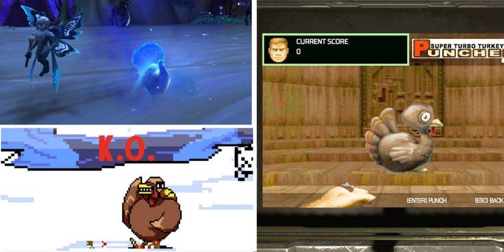 Top-Left: A blue, glowing spirit of a turkey. Bottom-left: A brown, pixelated turkey raising a wing in triumph against a snowy background. Right: A turkey in an arcade game in Doom 3.