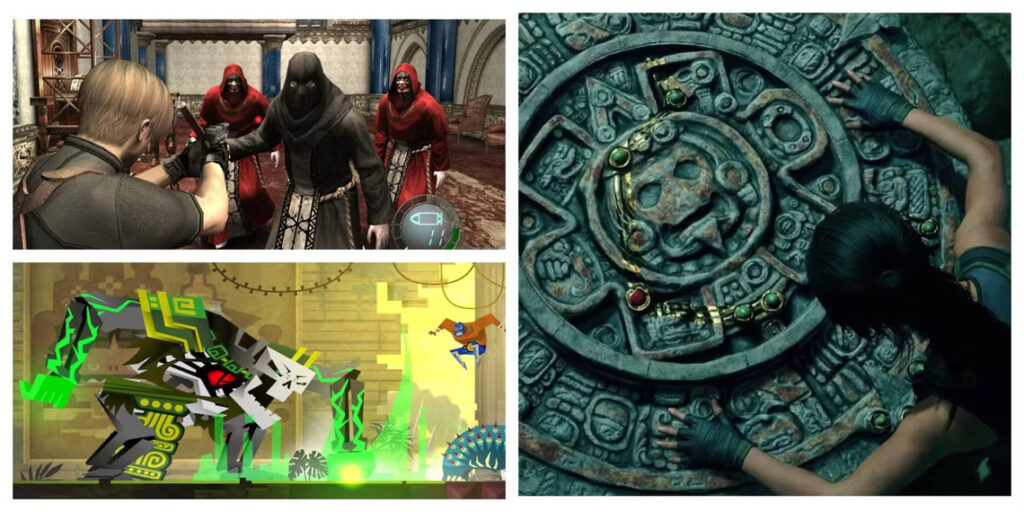 Top-Left: Leon aiming his gun at hooded cult members in Resident Evil 4 (2005). Bottom-Left: A giant skull-headed entity fighting a luchador in Guacamelee. Right: Lara Croft examining ancient ruins in Shadow of the Tomb Raider.