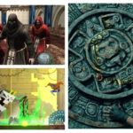 Top-Left: Leon aiming his gun at hooded cult members in Resident Evil 4 (2005). Bottom-Left: A giant skull-headed entity fighting a luchador in Guacamelee. Right: Lara Croft examining ancient ruins in Shadow of the Tomb Raider.