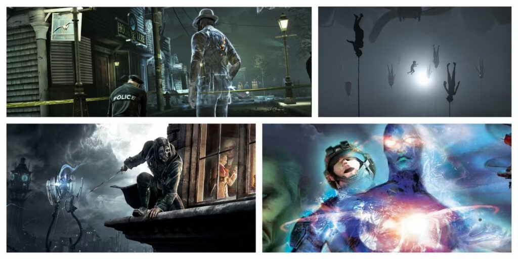 Top-Left: Murdered: Soul Suspect. Top-Right: Inside. Bottom-Left: Dishonored. Bottom-Right: Geist.